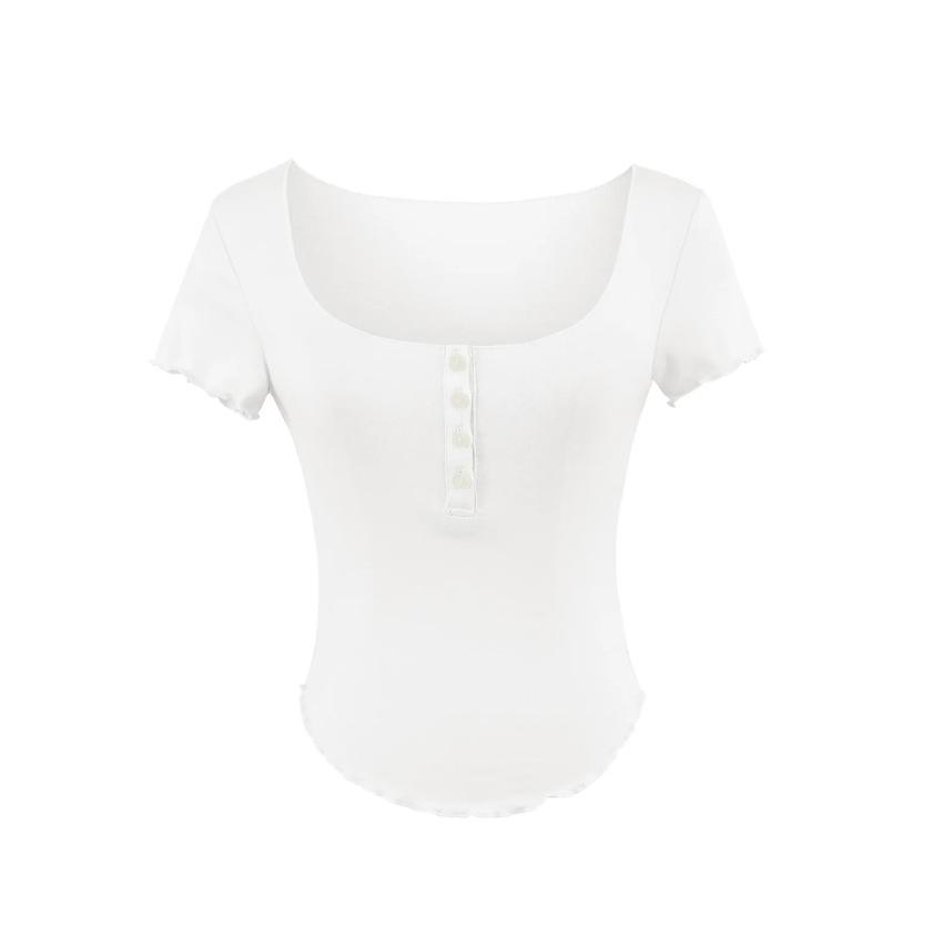 Square collar button short-sleeved T-shirt women's summer new American Spice Girl style slim-fitting curved hem bottoming top