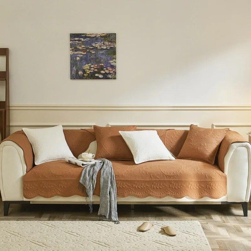 Retro Cotton Sofa Cover Four Seasons Universal Embroidered Cushion Curve Edge Decoration Couch L Shaped Non-slip Sofa Slipcover