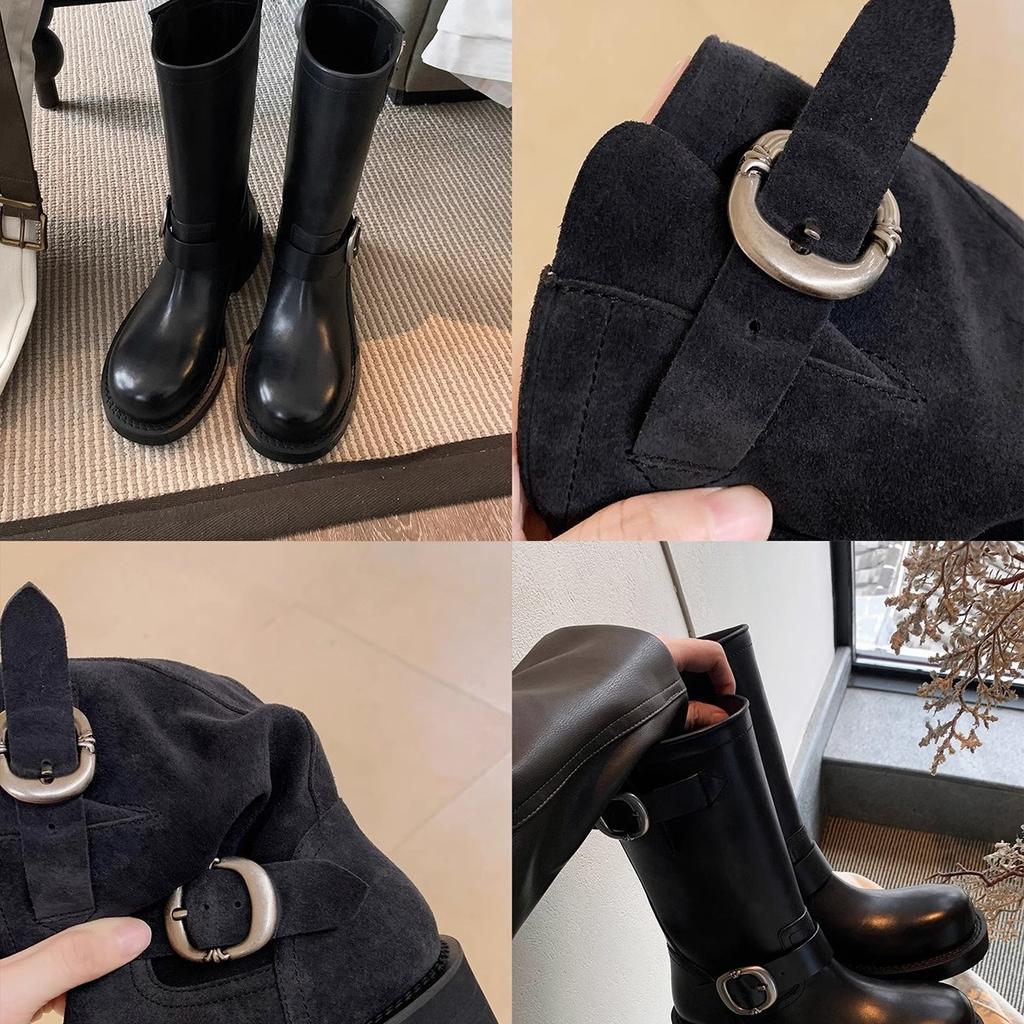 Cowhide Version~ Grape Mother Retro Martin Boots Metal Buckle Round Head Knight Boots Polished Locomotive Stack Short Boots Women