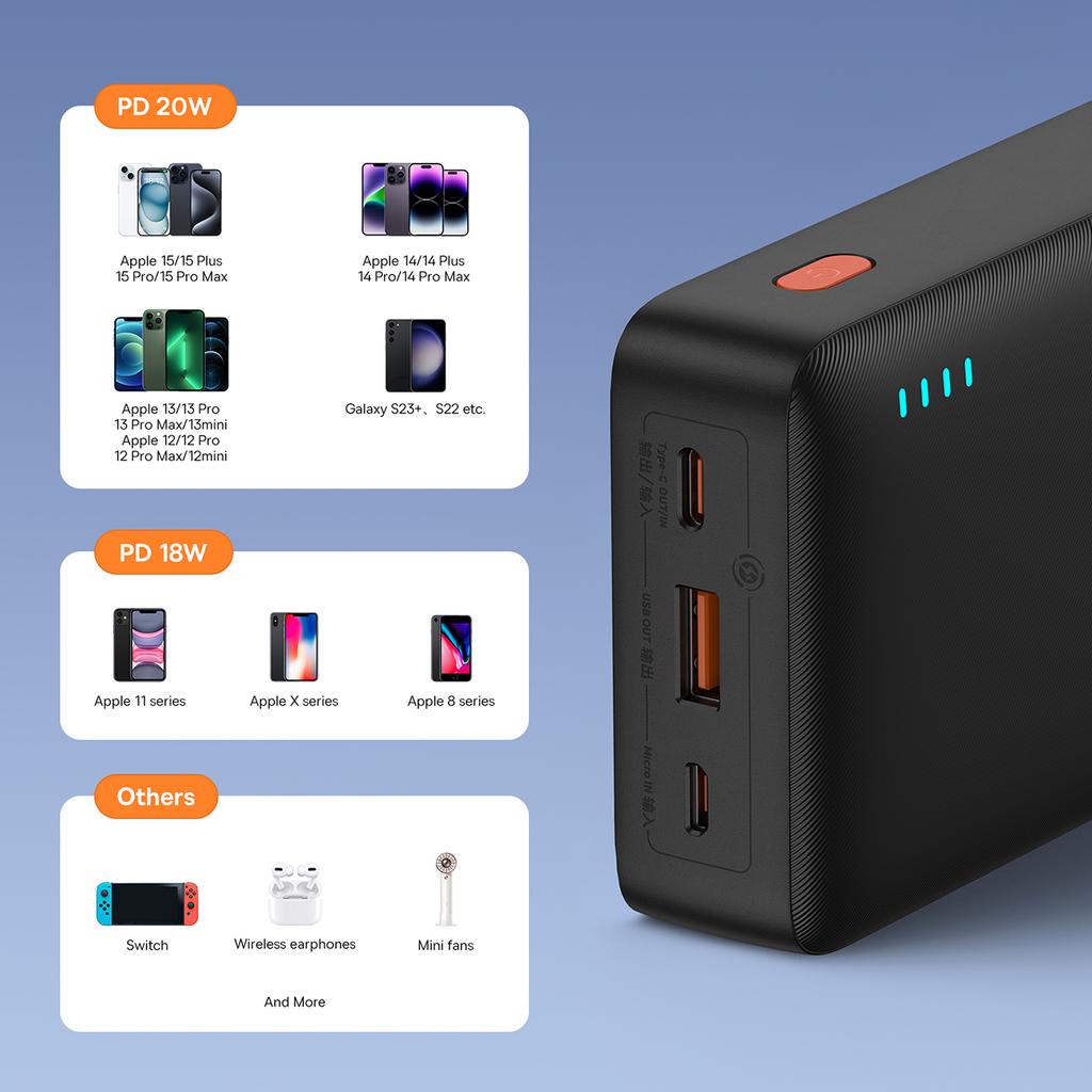 Powerbank 20000mAh Airpow 20W mit USBA USBC Kabel 50cm schwarz
