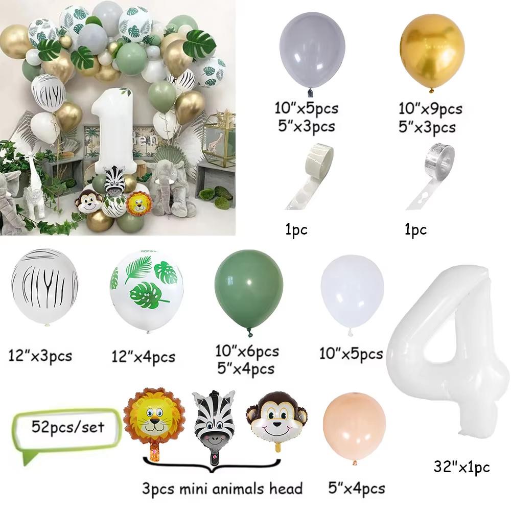 52pcs Jungle Animal Number Balloons Set Retro Avocado Green Metallic Gold Latex Balloon 1 Year Old Birthday Baby Shower Decor