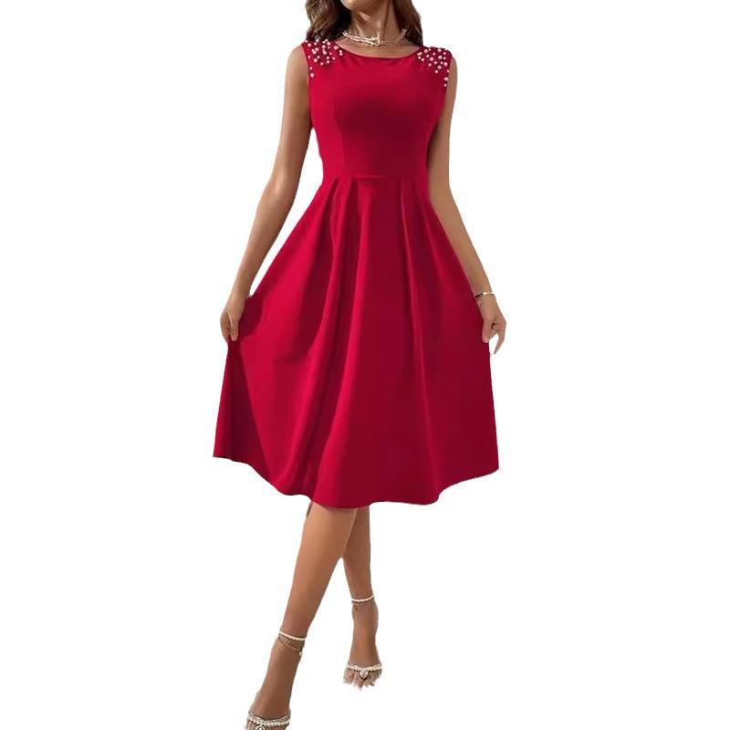 2024 Summer Women's Sleeveless Beaded Slimming Round Neck Dress