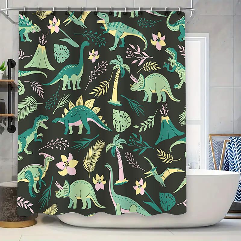 

Colorful Dinosaur Shower Curtain Waterproof Fabric Design For Bathroom Decorations With Plants Green Pink Themes W60H190(CM)-1 Pcs