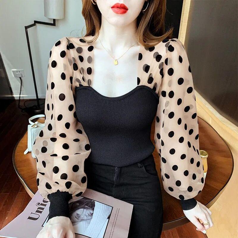 French Polka Dot Mesh Bubble Sleeve Patchwork Ice Silk Tops Women Spring and Autumn Design Sense Niche Slim Blouse