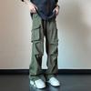 Men Cargo Pants Mid-rise Drawstring Multi Pockets Design Leisure Trousers Solid Color Wide Leg Outdoor Camping Pants Plus Size