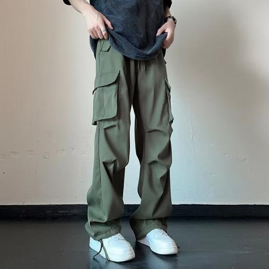 Men Cargo Pants Mid-rise Drawstring Multi Pockets Design Leisure Trousers Solid Color Wide Leg Outdoor Camping Pants Plus Size