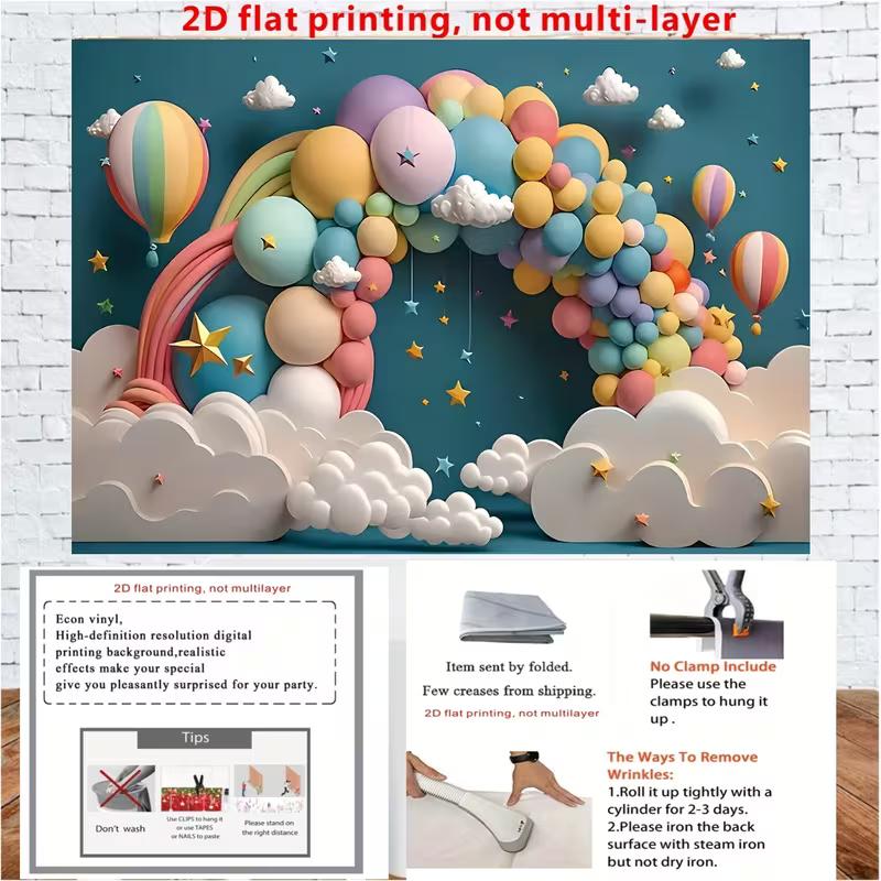 2D Dreamy Balloon Background, Pastel Balloon Arch & Clouds Themed Party Backdrop