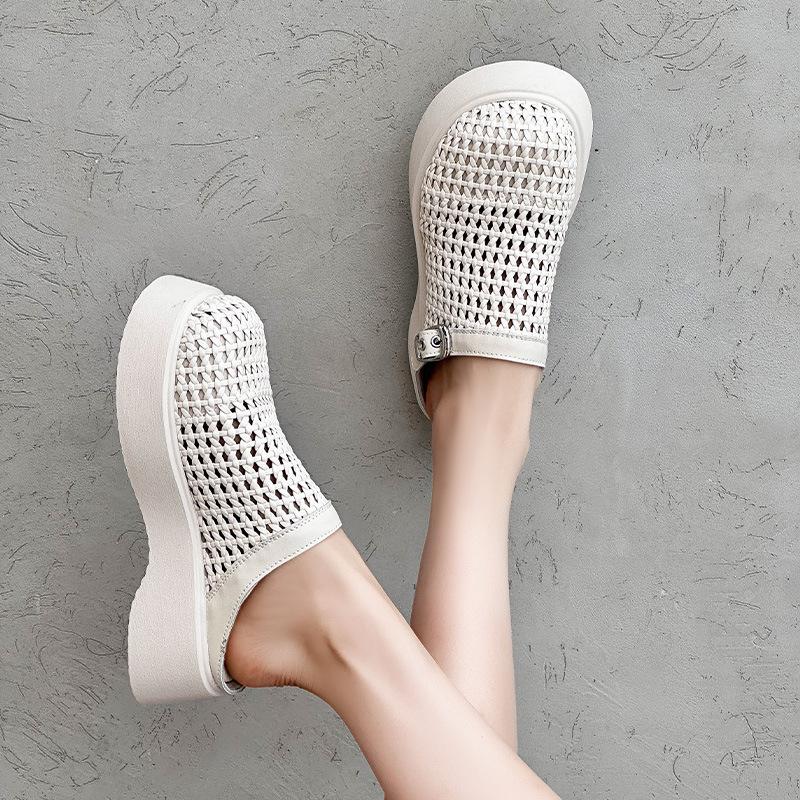 Pantofole con suola spessa indossano estate nuovo rete intrecciata traspirante pelle testa di borsa casual pigra a slittare