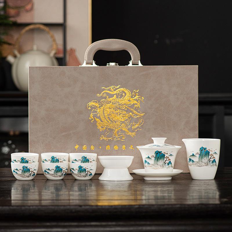 Premium beauty suet jade white porcelain kung fu tea set, household Xishi pot tea cup light luxury high-end gift box