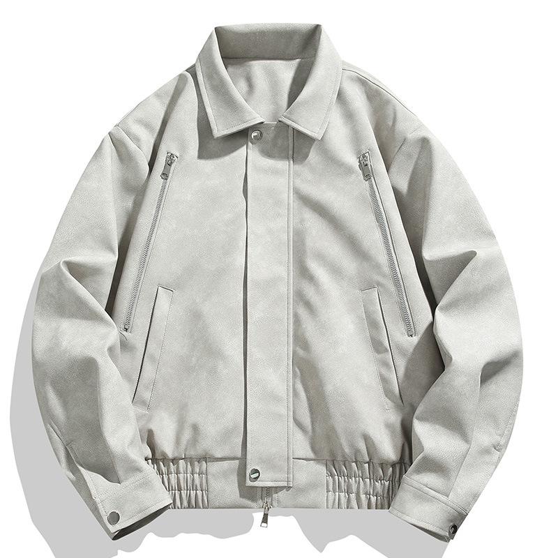 Men's Lapel Leather Jacket Men's Spring and Autumn New Zipper Vintage Cargo Cycling Motorcycle Jacket