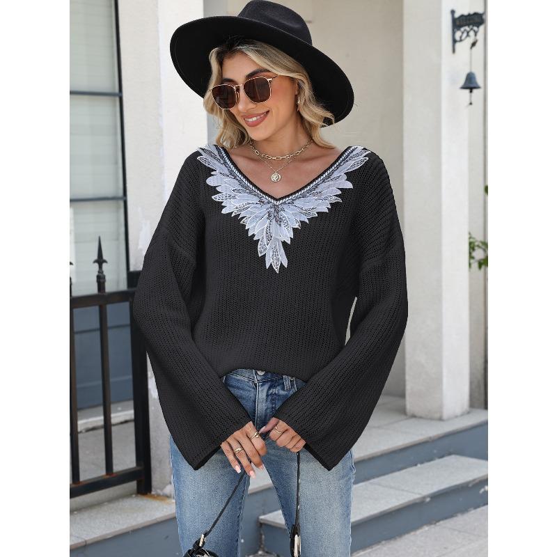 

A Loose and Casual Women s Top with Sequined Embroidery, Lace Collar and V-neck Pullover S чёрный