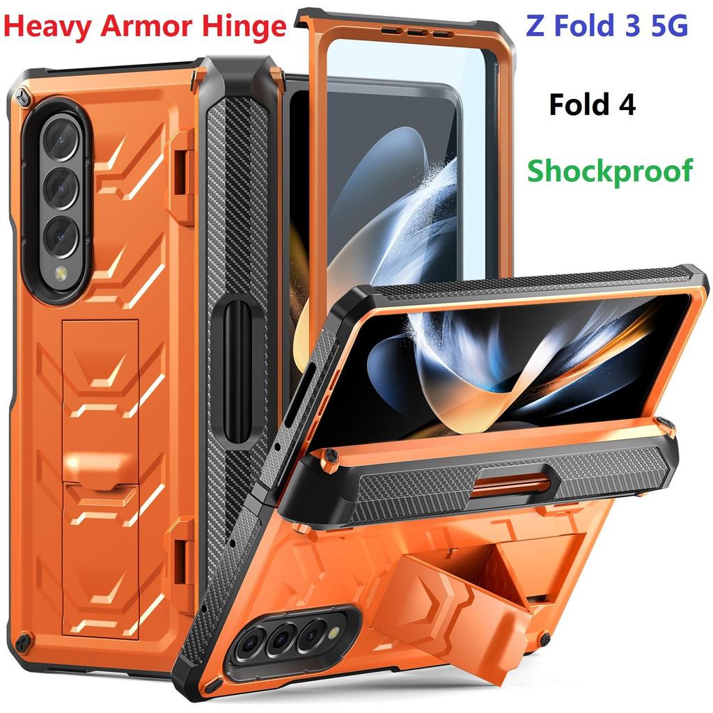 Armorer Rugged Phone Case for Samsung Galaxy Z Fold 4 3 Fold3 Case Hinge Shockproof Pen Holder Stand Cover