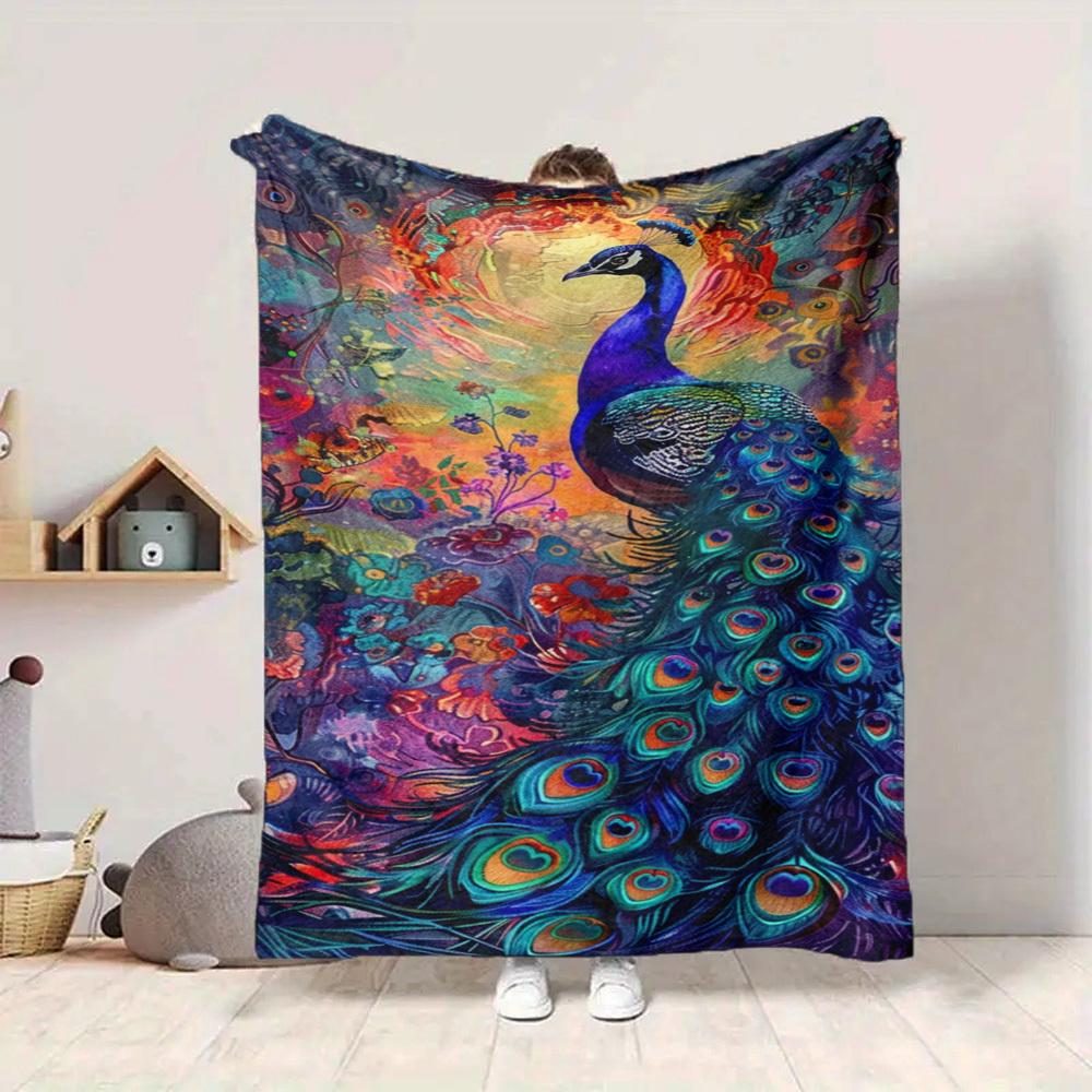 1pc Peacock Feather Print Blanket Lightweight Flannel Blanket Throw Blanket For Sofa, Bed, Travel, Camping, Livingroom, Office, Couch, Chair, And Bed