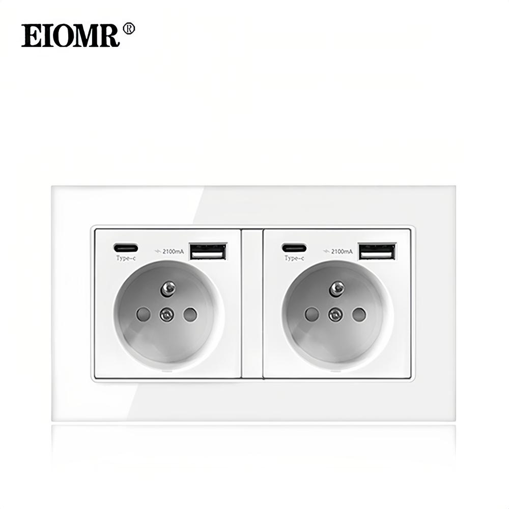 EIOMR France Standard Power Socket, Single Double AC 100~250V 16A White Black Wall Type-C Usb Plugs Outlet for Home Office
