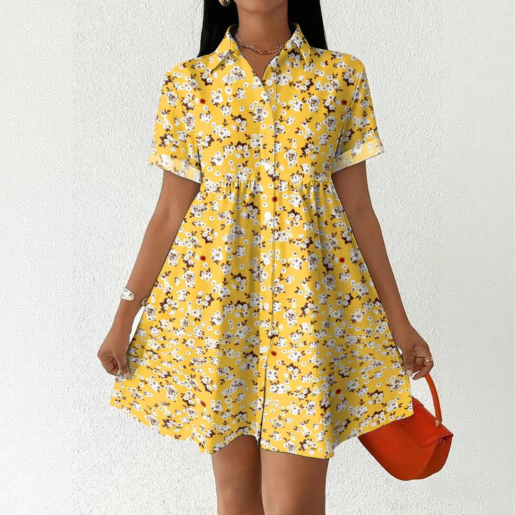 Women Casual Loose Shirt Dress Button Up Stand Collar Short Sleeve Printed Mini Dress Lightweight Tunic Dress