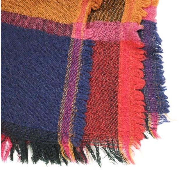 Used MOISMONT Wool Check Muffler No.088 RED/NAVY/ORANGE Fringe Stole g26514