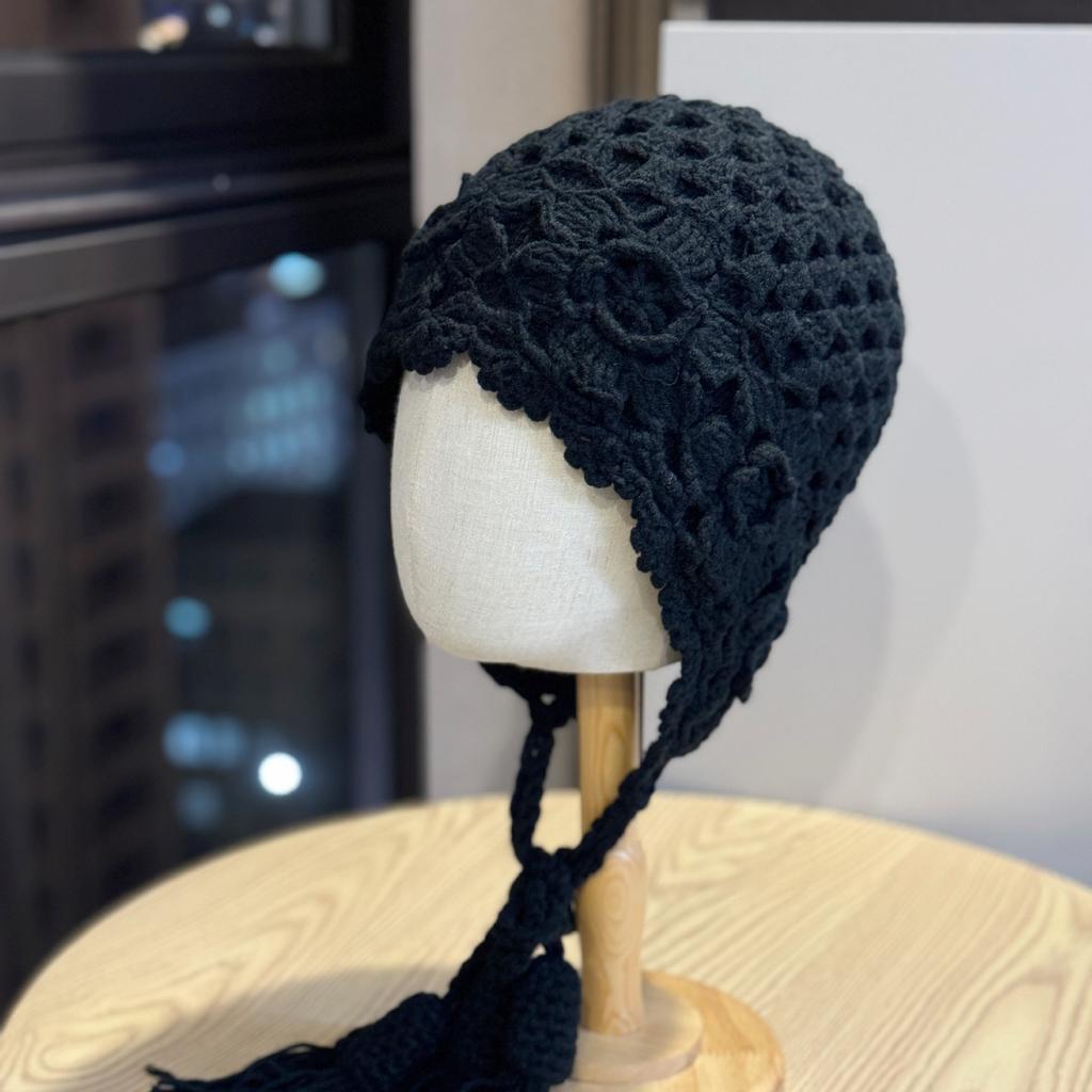 New Ethnic Style Crocheted Knitted Hat for Women Autumn and Winter Ear Protection Hooded Hat Trendy Literary Retro Tassel Warm Toe Cap