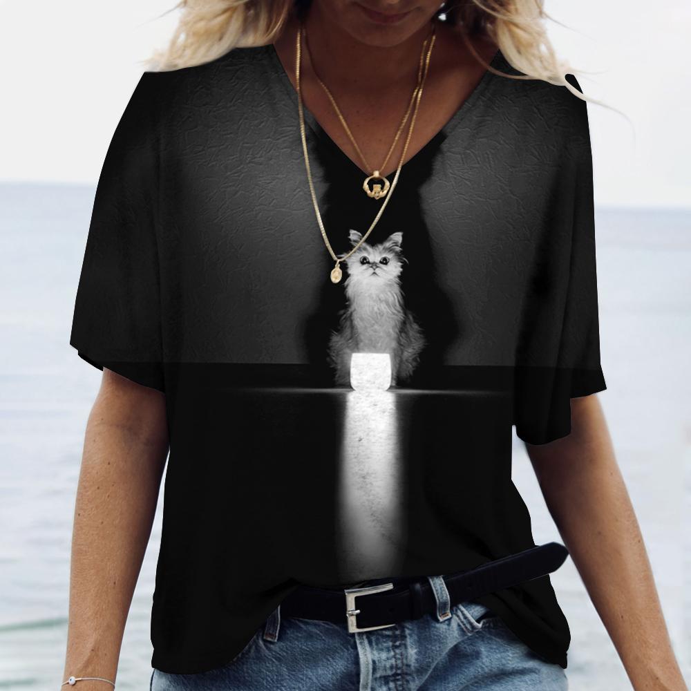 Mode Dier Kat 3D Print T-shirt Dames T-shirt V-hals Oversized Dames Tee Tops Zomer Streetwear Harajuku Y2k Kleding