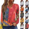 Women's Casual Fashion V-Neck Raglan Pleated Floral Print Long Sleeve Top