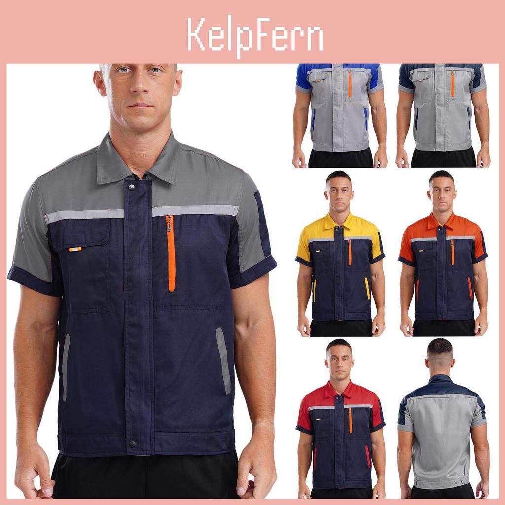 Shirt Work Mens Visibility High Reflective Stripes Zipper Closure Short Sleeve Workshop Jacket With Pockets