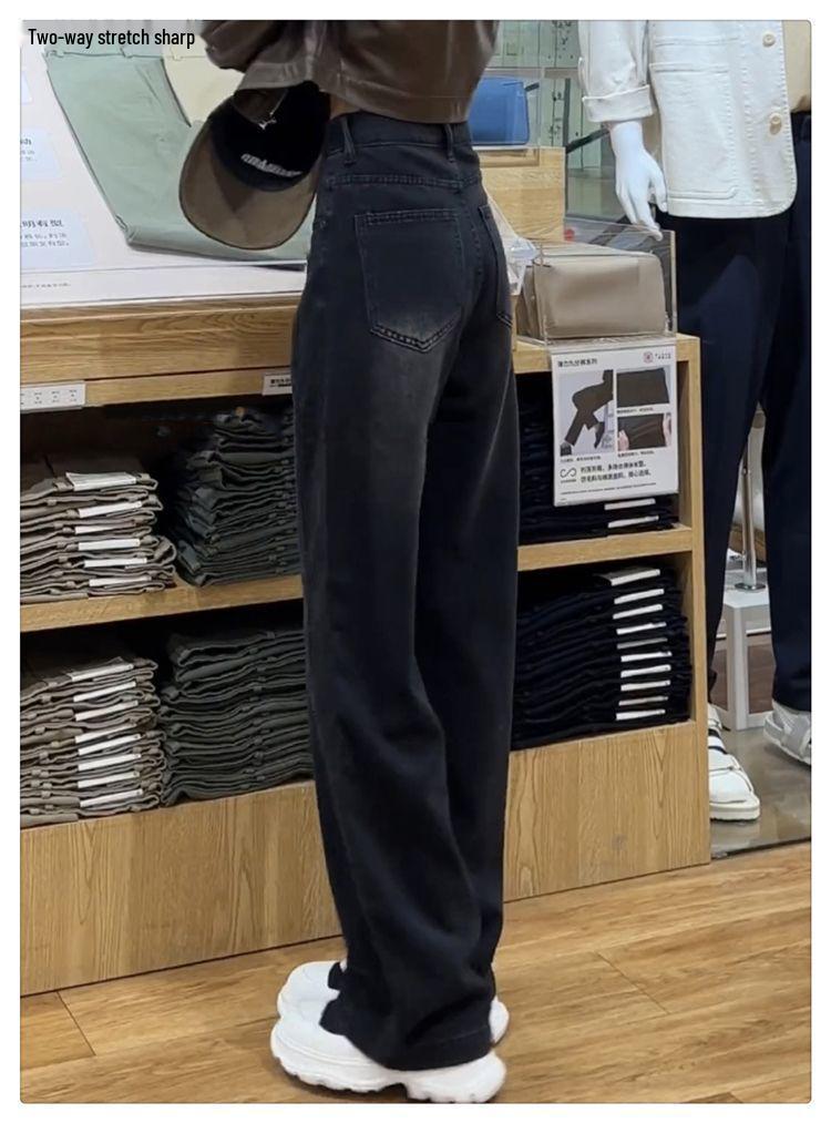 Damen Jeans mit weitem Bein, schwarz, fleecegefüttert, Winter, bodenlang, Übergröße, High-Waist für Birnenformen