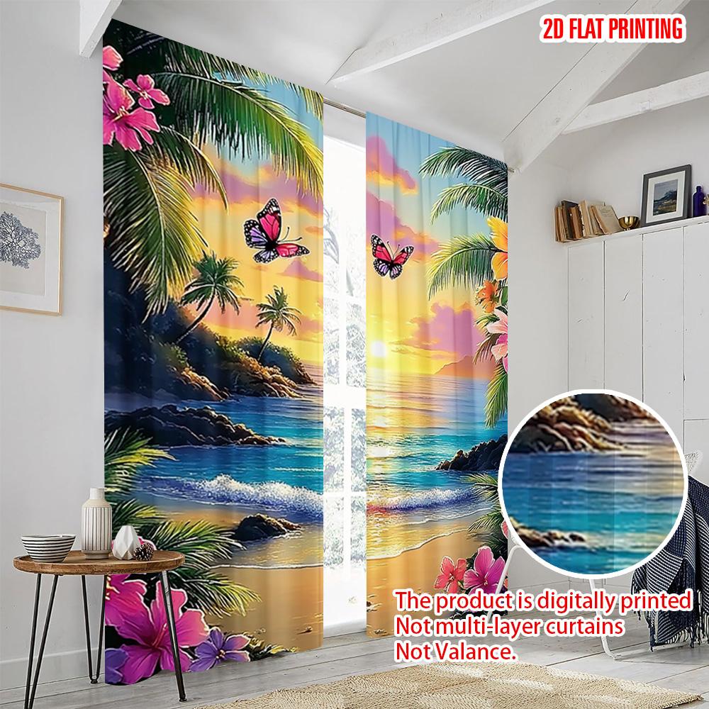 Set Of 2 Plane Printing Popular Curtain Panels Vibrant Flowers Palms Polyester Easy Install Without Rod Versatile All Use Curtains Made