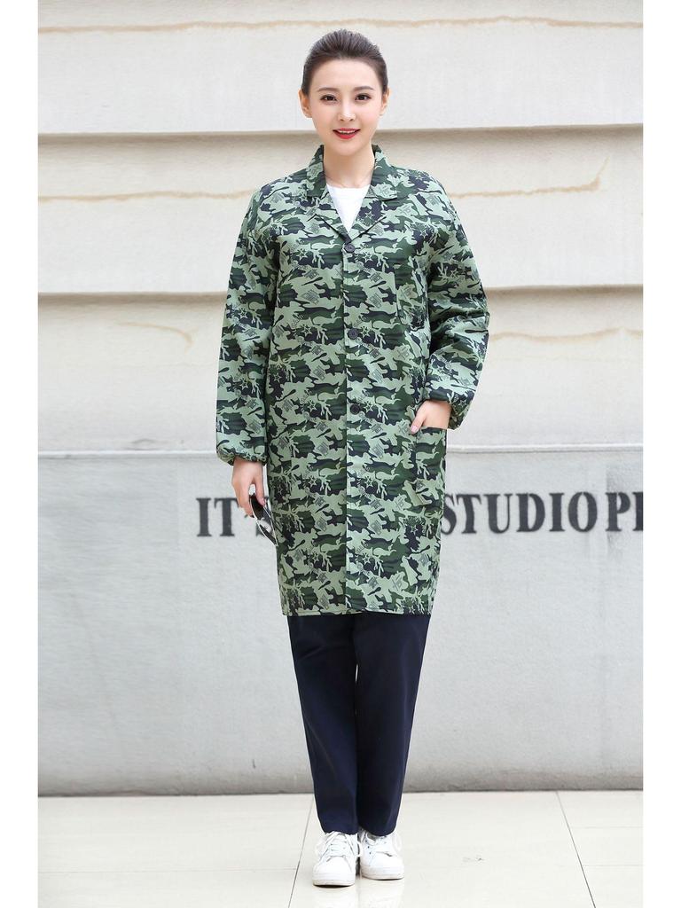 Unisex Long Blue Camouflage Dustproof Workwear Overcoat with Sleeves