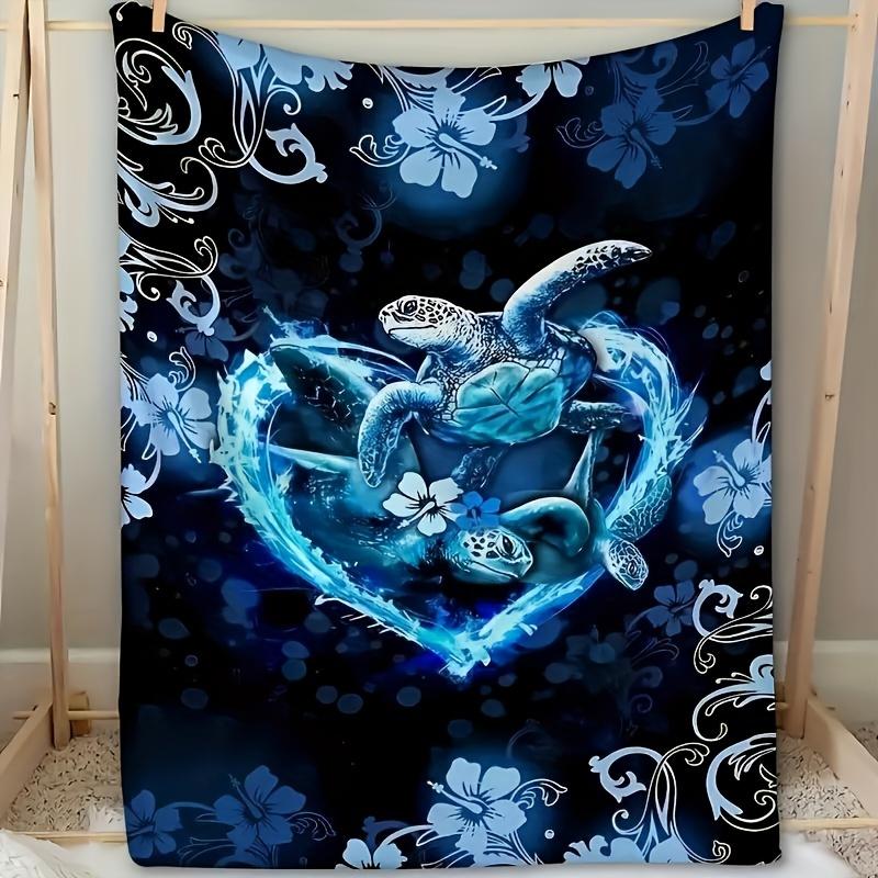 

Blue Turtle Heart Blanket - Ocean Theme Floral Patterns, Soft Cozy Throw for Bedroom Decor, Unique Nature Gift 75x90cm