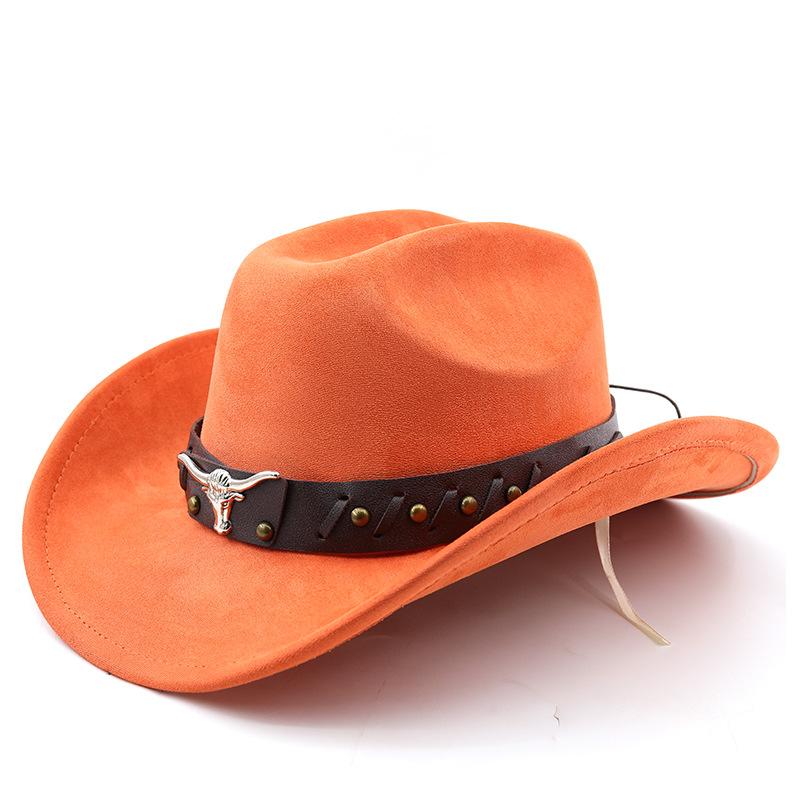 Cappello western da cowboy in camoscio con testa di mucca cappello a cilindro in lana jazz cappello in feltro stile etnico autunno e inverno cappello a tesa larga da uomo e donna