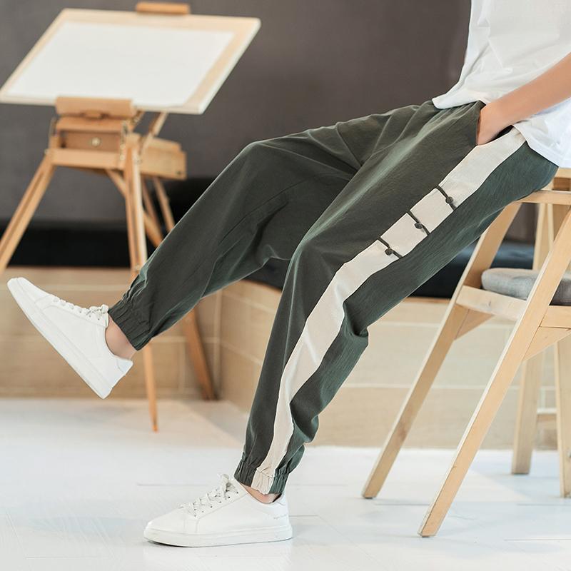 Summer Loose Breathable Chinese Style Cotton Linen Casual Haren Pants Men's Patchwork Pockets Straight Vintage Sports Trousers