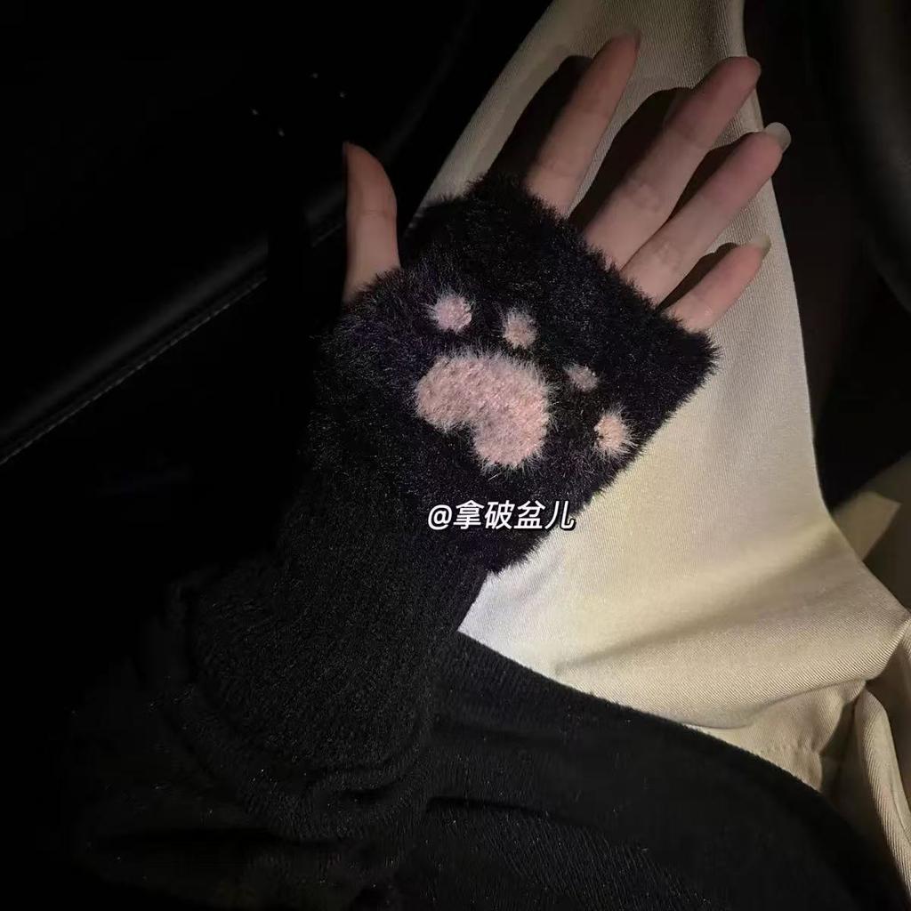 Cute Cat Claw Half Finger Plush Gloves for Women In New Autumn and Winter Plus Velvet Thickened Warm Wrist Protection for Touch Screen Writing