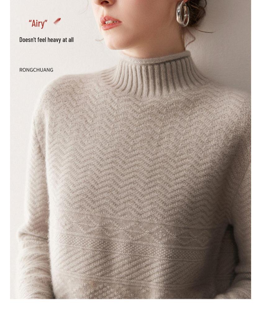 Women's Wave Jacquard Thickened Cashmere Sweater, Solid Color Half-High Neck Knit Top for Autumn/Winter