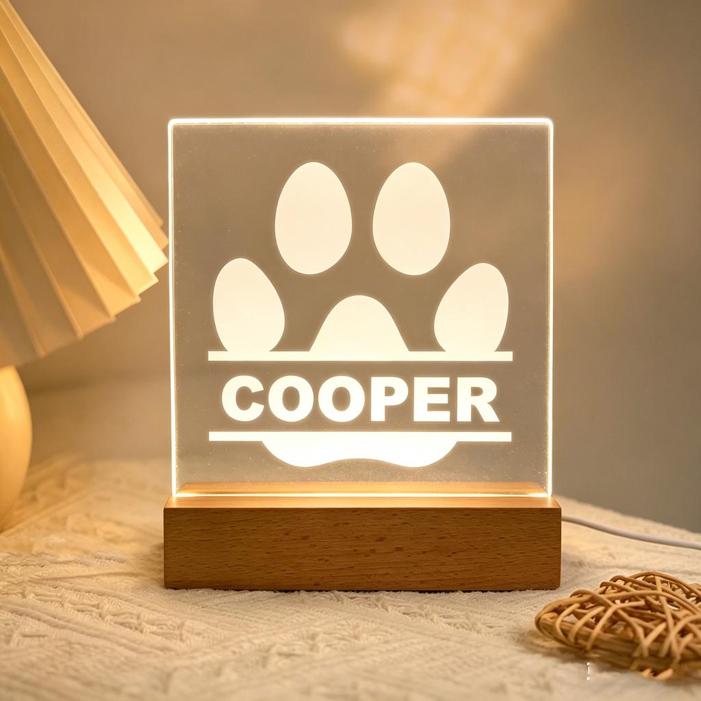 Personalized Dog Paw Acrylic Night Light Custom Pet Name Wooden Base Creative Tabletop Decor Lovely Present For Pet Owner