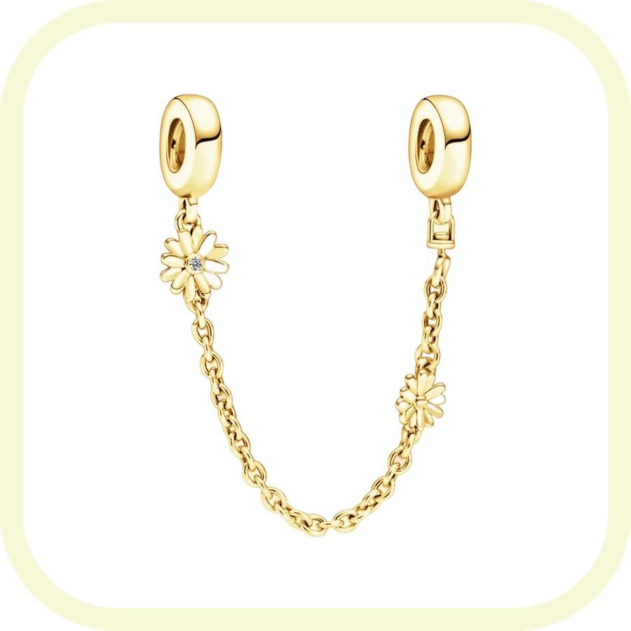 New Golden Flowers Collection Charm Bead Lucky Shamrock Rose in Bloom Daisy Flower Safety Chain Compatible With Authentic Bracelets Do It Yourself Jew