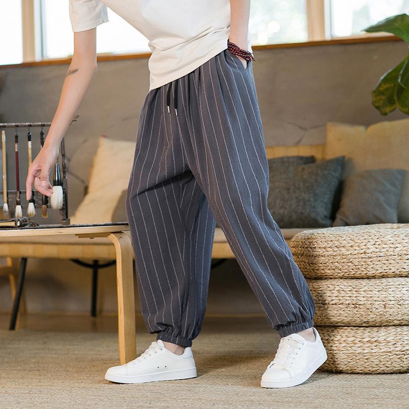 Summer New Large Size Men's Cotton and Linen Striped Nine-point Pants Men's Fashion Chinese Pants
