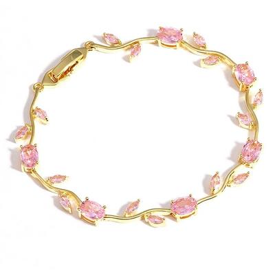 Bracelet for Women Stylish | Gold Plated Pink Crystal Floral Jewellery | Adjustable Chain for Women & Girls