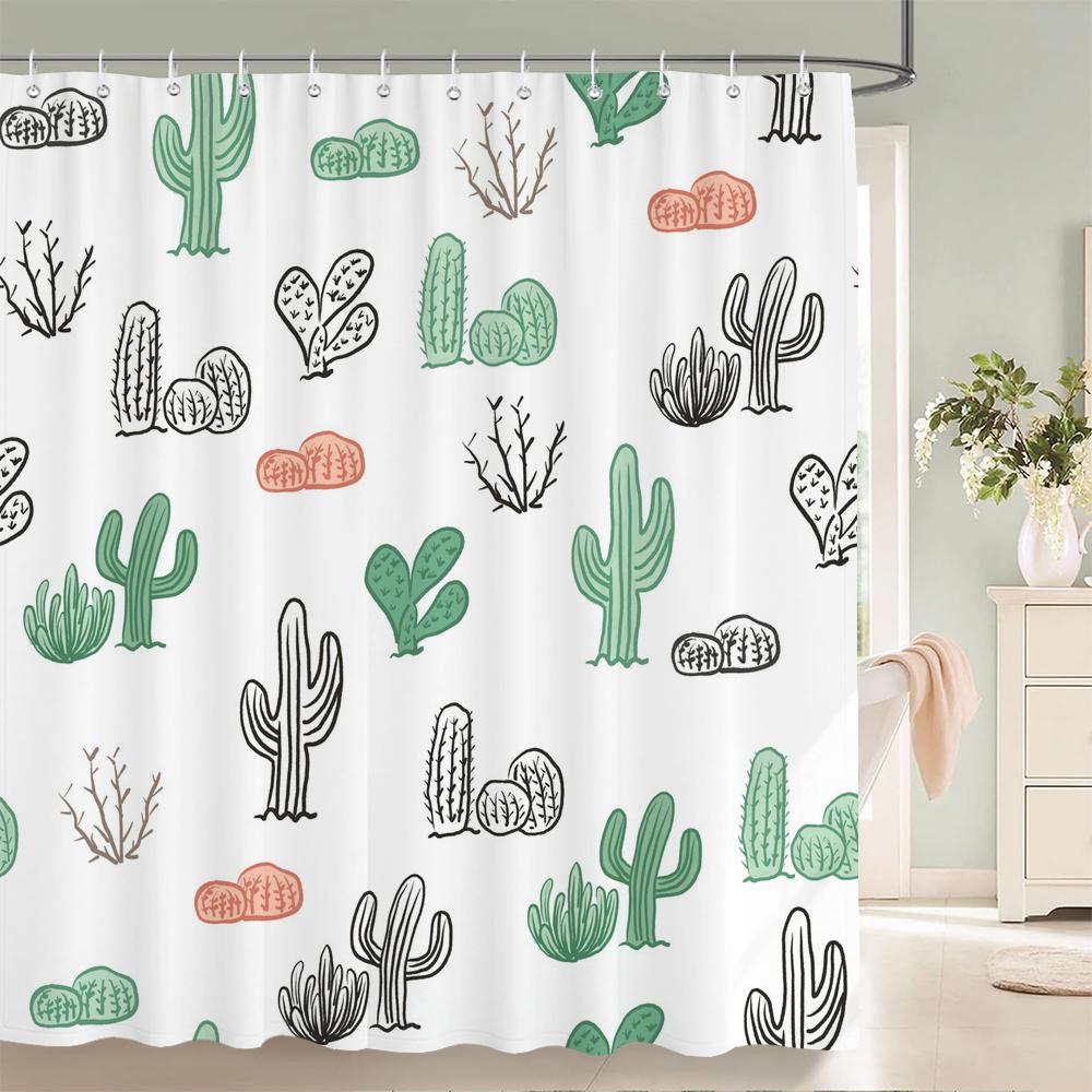1 pack of Green leaf plant pattern polyester shower curtain bathroom partition curtain with hooks home decorative curtain