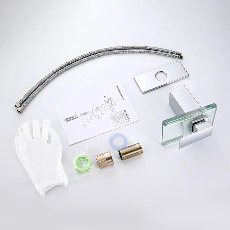 Basin Faucet Waterfall LED 3 Colors Glass Outlet Bathroom Battery Powered Basin Mixer Tap Chrome Deck Mounted Hot Cold Tap