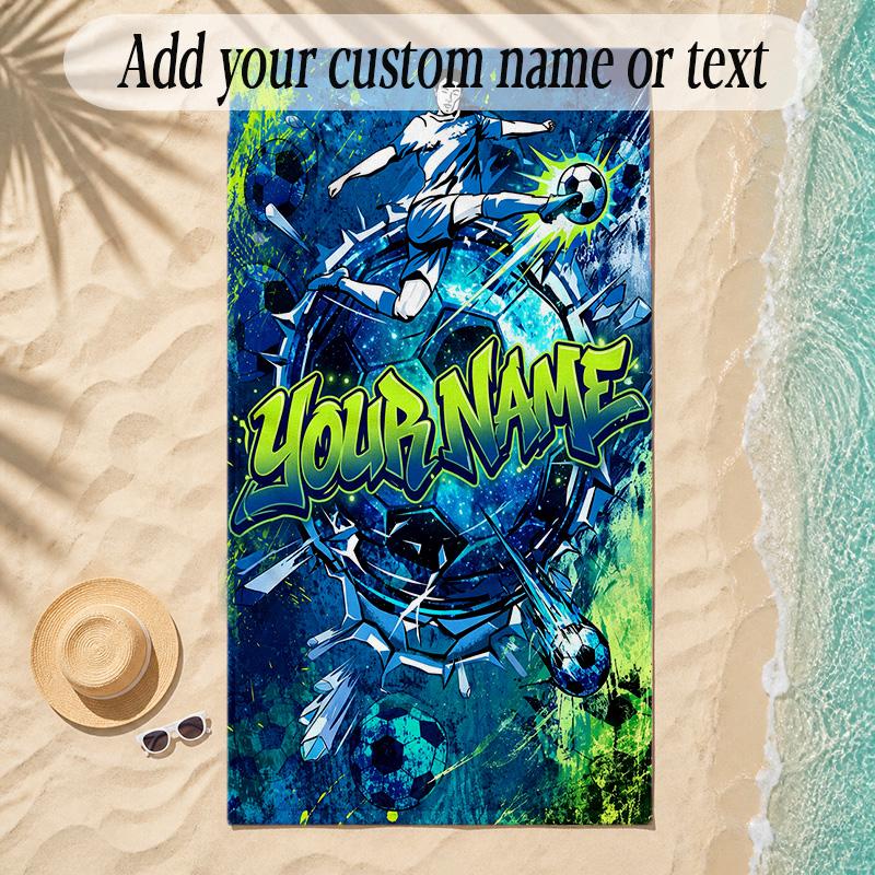 Soccer Theme Soft Beach Towel Personalized Custom Name Text Towel Portable for Beach Pool Travel
