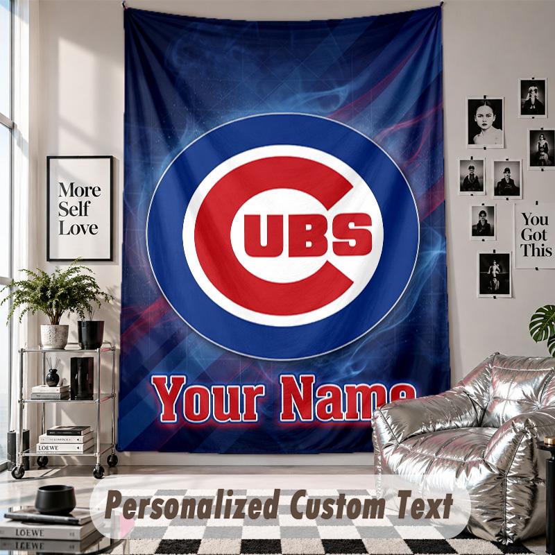 Vægtæppe med personligt navn og tekst, Chicago Cubs dekorativt vægtæppe til soveværelse