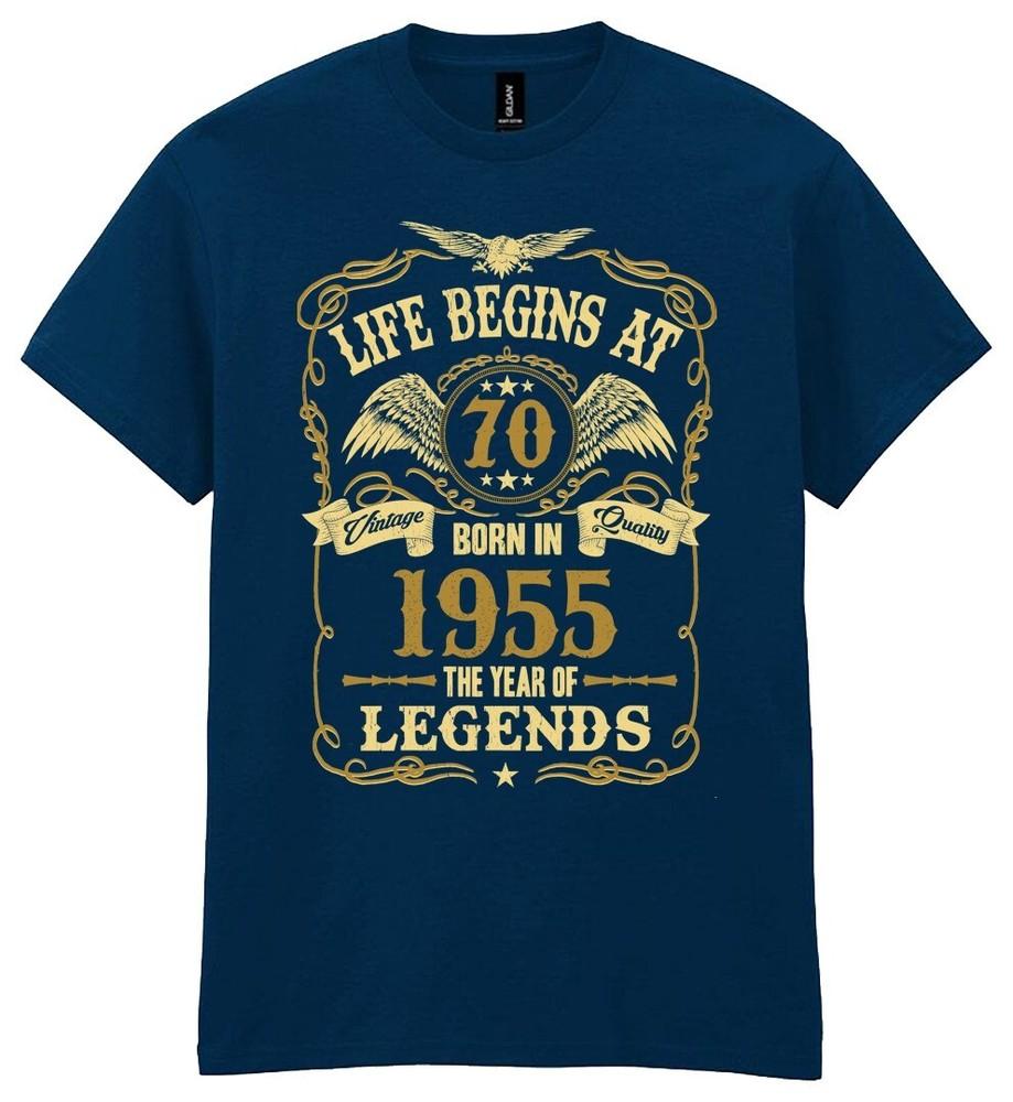 

Life Begins at 70 Mens Birthday T-Shirt Born in 1955 Legends 70th Gift Gold Text M