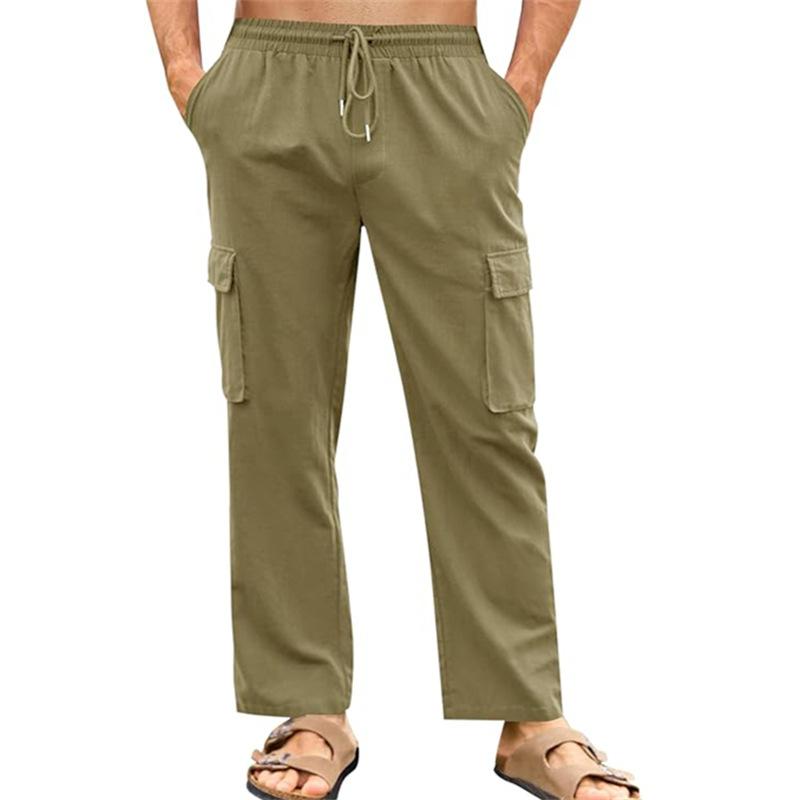 

Men s Cotton-Linen Workwear Breathable Elasticated Waist Drawstring Casual Loose-Fit Summer Beach Trousers XXXL зелений