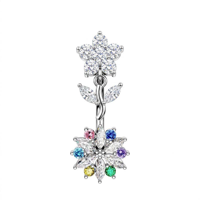 Hypoallergenic Navel Ring Shiny Cubic Zirconia Flower Design Durable Stainless Steel Belly Button Piercing for Women Gifts