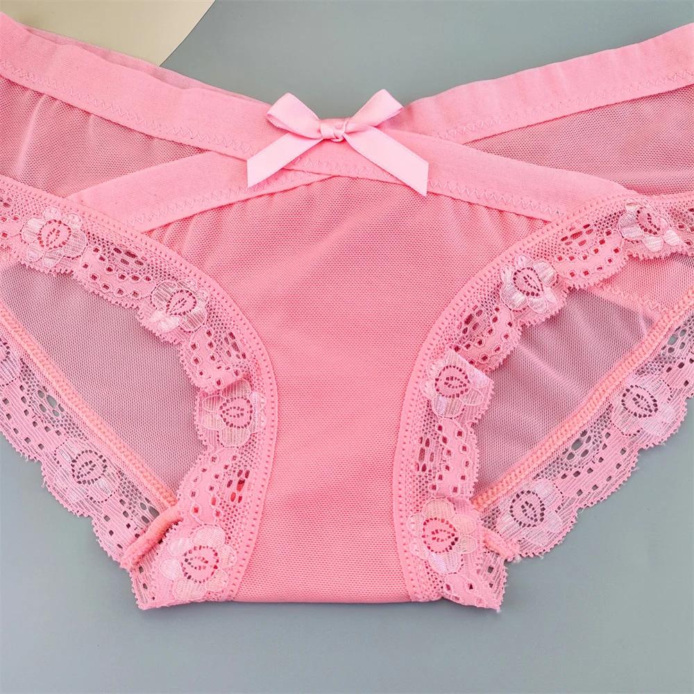 3PC Low Rise Lace Ruffles Women's Mesh Underwear Sweet Ladies Perspective Sexy Briefs Comfortable Panties