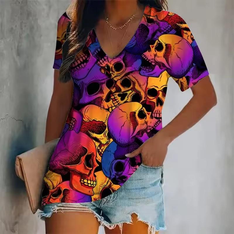 

Женская футболка с короткими рукавами и V-образным вырезом с 3D-принтом в виде черепа, свободный женский топ в стиле Y2K, летняя повседневная футболка 6XL