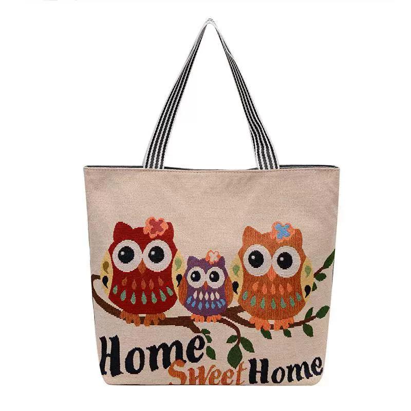 Large-capacity bag for girls commuting and going out canvas bag cartoon literary treasure parents with baby storage bag with zipper