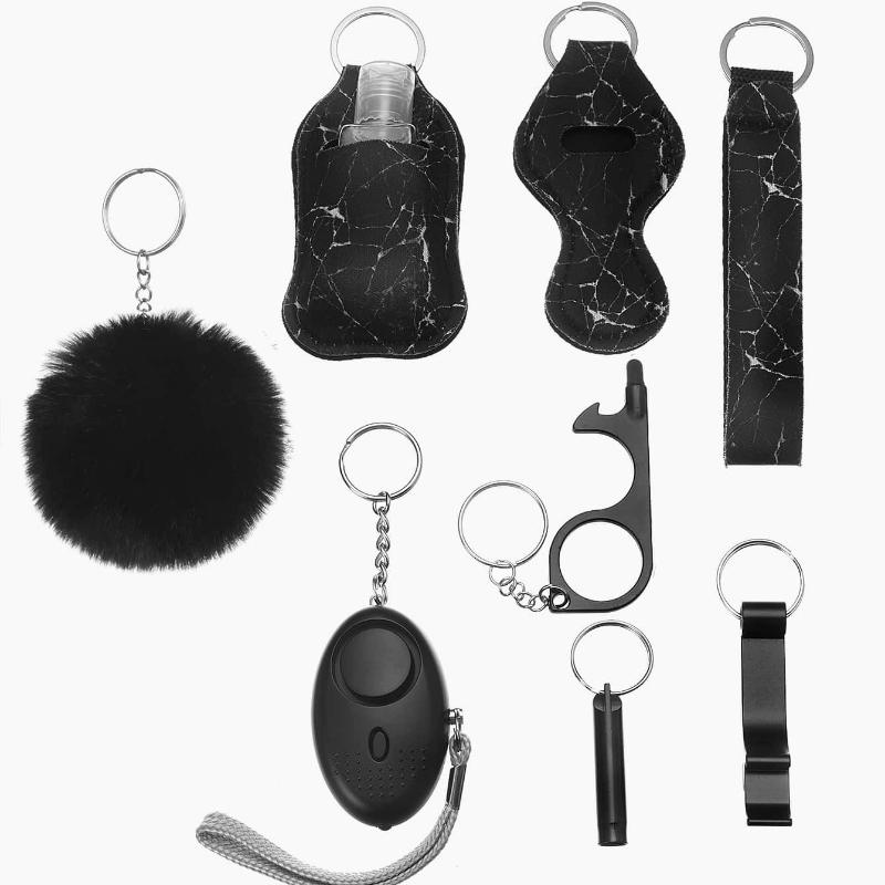 9-teiliges Rosa Persönliches Set & Zubehörset inklusive Alarm-Schlüsselanhänger Taschenaufhänger Flauschiger Ball Schlüsselanhänger Handschlaufe Schlüsselanhänger Taschenzubehör Zubehör