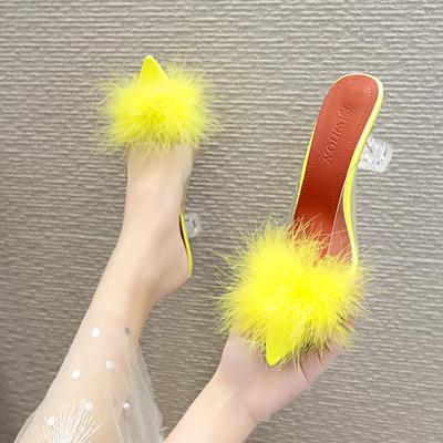 Fashion Summer Woman Pumps PVC Transparent Feather Perspex Crystal High Heels Fur Peep Toe Mules Slippers Ladies Slides Shoes