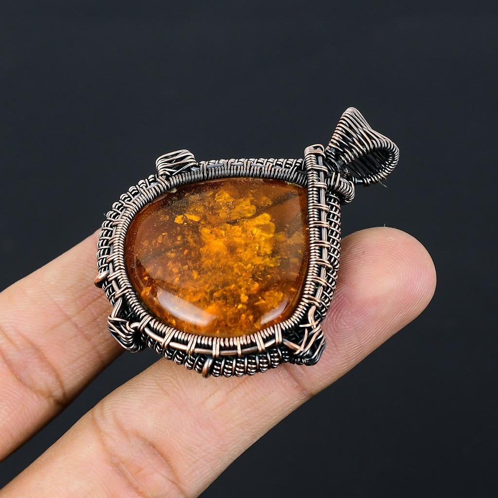 Natural Baltic Amber Gemstone Handmade Copper Wire Wrap Pendant 2.17" O1w20