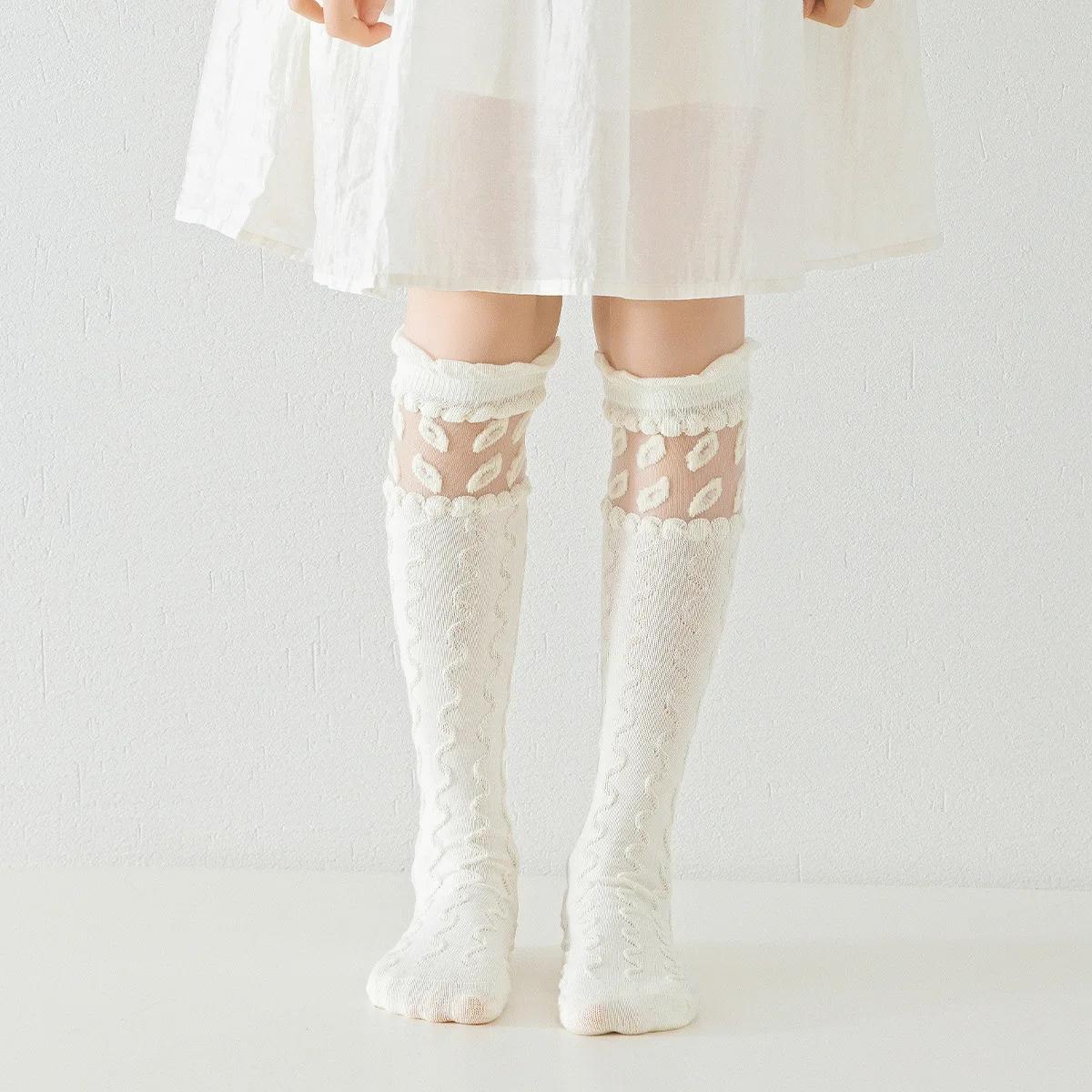 Princess Calf Sock for Kids Girl Beige Color Floral Children s Girl Sock Spring Autumn Soft Cotton School Sock